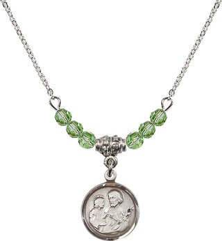 18" Rhodium Plated Necklace with 4mm Peridot Crystal Beads featuring a Sterling Silver Saint Joseph Medal. Engraved Catholic Saint Jewelry