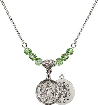 18" Rhodium Plated Necklace with 4mm Peridot Crystal Beads featuring a Sterling Silver Miraculous Medal.