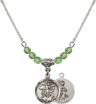 18" Rhodium Plated Necklace with 4mm Peridot Crystal Beads featuring a Sterling Silver Saint Michael the Archangel Medal.