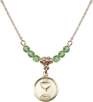 18" Hamilton Gold Plated Necklace with 4mm Peridot Crystal Beads featuring a 14kt Gold Filled Communion Medal. Engraved Catholic Saint Jewelry