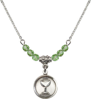 18" Rhodium Plated Necklace with 4mm Peridot Crystal Beads featuring a Sterling Silver Communion Medal. Engraved Catholic Saint Jewelry