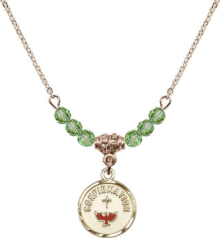 18" Hamilton Gold Plated Necklace with 4mm Peridot Crystal Beads featuring a 14kt Gold Filled Confirmation Medal. Engraved Catholic Saint Jewelry