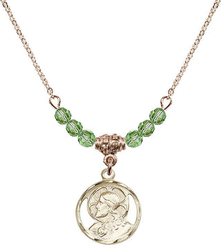 18" Hamilton Gold Plated Necklace with 4mm Peridot Crystal Beads featuring a 14kt Gold Filled Scapular Medal.