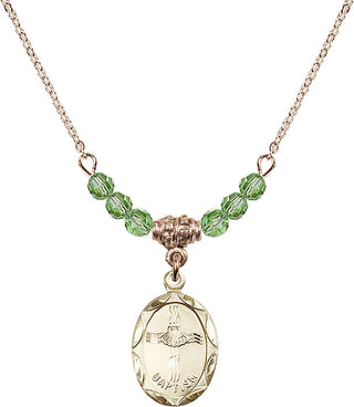 18" Hamilton Gold Plated Necklace with 4mm Peridot Crystal Beads featuring a 14kt Gold Filled Baptism Medal. Engraved Catholic Saint Jewelry