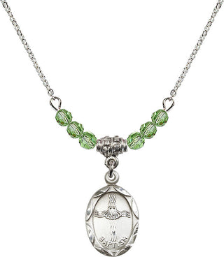 18" Rhodium Plated Necklace with 4mm Peridot Crystal Beads featuring a Sterling Silver Baptism Medal. Engraved Catholic Saint Jewelry