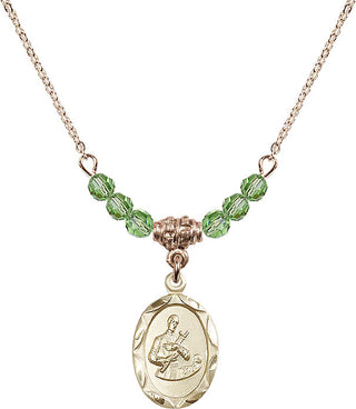 18" Hamilton Gold Plated Necklace with 4mm Peridot Crystal Beads featuring a 14kt Gold Filled Saint Gerard Medal. Engraved Catholic Saint Jewelry