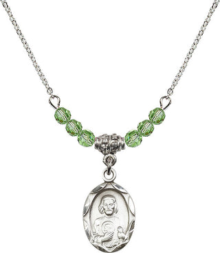 18" Rhodium Plated Necklace with 4mm Peridot Crystal Beads featuring a Sterling Silver Saint Jude Medal. Engraved Catholic Saint Jewelry