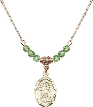 18" Hamilton Gold Plated Necklace with 4mm Peridot Crystal Beads featuring a 14kt Gold Filled Saint Michael the Archangel Medal.