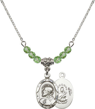 18" Rhodium Plated Necklace with 4mm Peridot Crystal Beads featuring a Sterling Silver Scapular Medal.