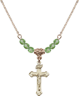 18" Hamilton Gold Plated Necklace with 4mm Peridot Crystal Beads featuring a 14kt Gold Filled Crucifix Medal.