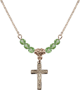 18" Hamilton Gold Plated Necklace with 4mm Peridot Crystal Beads featuring a 14kt Gold Filled Crucifix Medal.