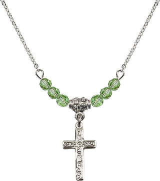 18" Rhodium Plated Necklace with 4mm Peridot Crystal Beads featuring a Sterling Silver Cross Medal.
