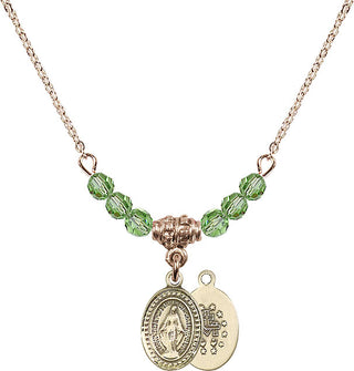 18" Hamilton Gold Plated Necklace with 4mm Peridot Crystal Beads featuring a 14kt Gold Filled Miraculous Medal.