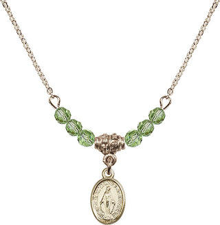 18" Hamilton Gold Plated Necklace with 4mm Peridot Crystal Beads featuring a 14kt Gold Filled Miraculous Medal.