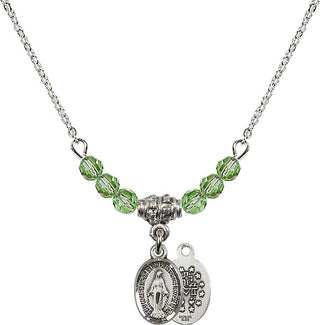 18" Rhodium Plated Necklace with 4mm Peridot Crystal Beads featuring a Sterling Silver Miraculous Medal.