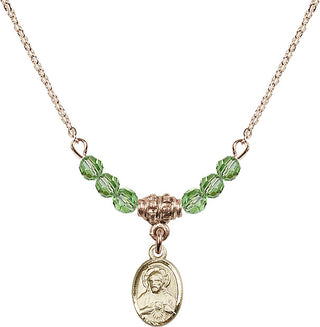 18" Hamilton Gold Plated Necklace with 4mm Peridot Crystal Beads featuring a 14kt Gold Filled Scapular Medal.