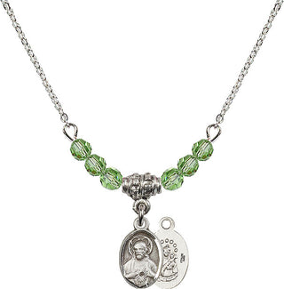 18" Rhodium Plated Necklace with 4mm Peridot Crystal Beads featuring a Sterling Silver Scapular Medal.