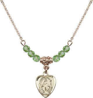 18" Hamilton Gold Plated Necklace with 4mm Peridot Crystal Beads featuring a 14kt Gold Filled Miraculous Medal.