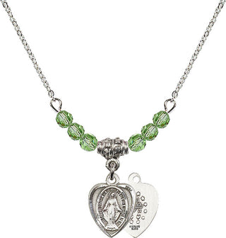18" Rhodium Plated Necklace with 4mm Peridot Crystal Beads featuring a Sterling Silver Miraculous Medal.