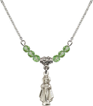 18" Rhodium Plated Necklace with 4mm Peridot Crystal Beads featuring a Sterling Silver Infant of Prague Medal.