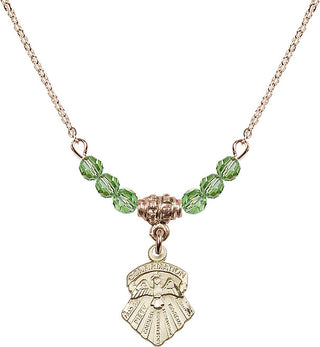 18" Hamilton Gold Plated Necklace with 4mm Peridot Crystal Beads featuring a 14kt Gold Filled Seven Gifts Medal.
