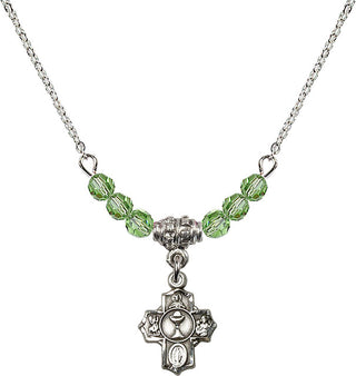 18" Rhodium Plated Necklace with 4mm Peridot Crystal Beads featuring a Sterling Silver Communion 5-Way Medal.