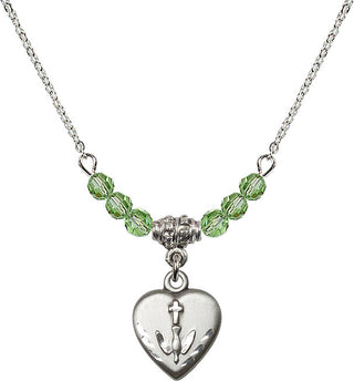 18" Rhodium Plated Necklace with 4mm Peridot Crystal Beads featuring a Sterling Silver Heart / Confirmation Medal.