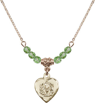 18" Hamilton Gold Plated Necklace with 4mm Peridot Crystal Beads featuring a 14kt Gold Filled Heart / Communion Medal.