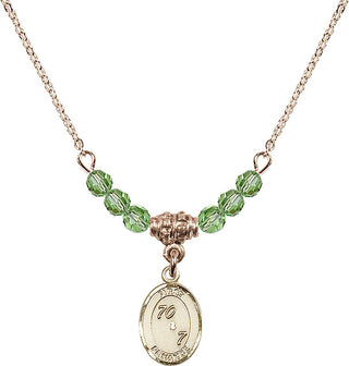 18" Hamilton Gold Plated Necklace with 4mm Peridot Crystal Beads featuring a 14kt Gold Filled First Penance Medal.