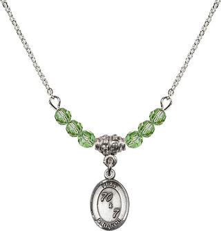 18" Rhodium Plated Necklace with 4mm Peridot Crystal Beads featuring a Sterling Silver First Penance Medal.