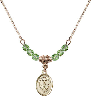 18" Hamilton Gold Plated Necklace with 4mm Peridot Crystal Beads featuring a 14kt Gold Filled Confirmation Medal.