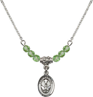 18" Rhodium Plated Necklace with 4mm Peridot Crystal Beads featuring a Sterling Silver Confirmation Medal.