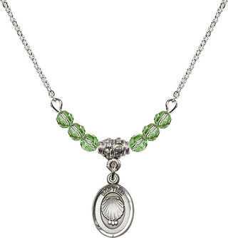 18" Rhodium Plated Necklace with 4mm Peridot Crystal Beads featuring a Sterling Silver Baptism Medal.
