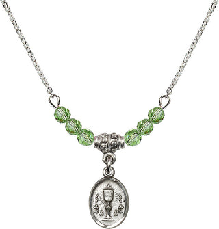 18" Rhodium Plated Necklace with 4mm Peridot Crystal Beads featuring a Sterling Silver Chalice Medal.