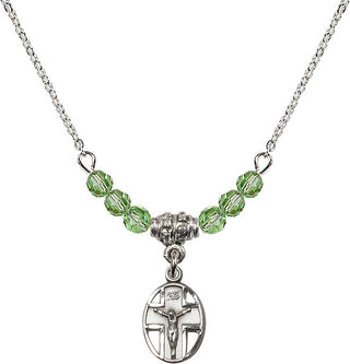 18" Rhodium Plated Necklace with 4mm Peridot Crystal Beads featuring a Sterling Silver Crucifix Medal.