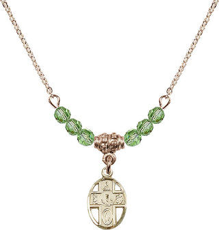 18" Hamilton Gold Plated Necklace with 4mm Peridot Crystal Beads featuring a 14kt Gold Filled 5-Way / Chalice Medal.