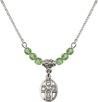 18" Rhodium Plated Necklace with 4mm Peridot Crystal Beads featuring a Sterling Silver 5-Way Medal.