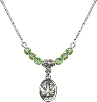 18" Rhodium Plated Necklace with 4mm Peridot Crystal Beads featuring a Sterling Silver Holy Spirit Medal.