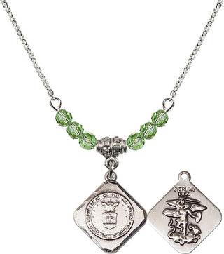18" Rhodium Plated Necklace with 4mm Peridot Crystal Beads featuring a Sterling Silver Air Force Diamond Medal.