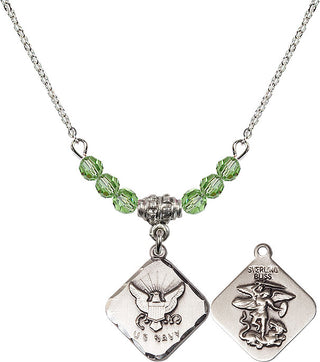 18" Rhodium Plated Necklace with 4mm Peridot Crystal Beads featuring a Sterling Silver Navy Diamond Medal.