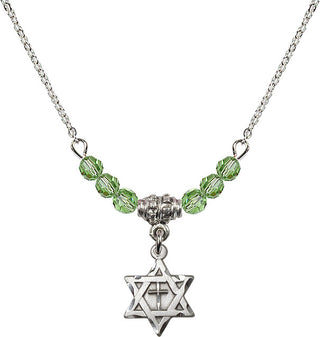 18" Rhodium Plated Necklace with 4mm Peridot Crystal Beads featuring a Sterling Silver Star of David with Cross Medal.