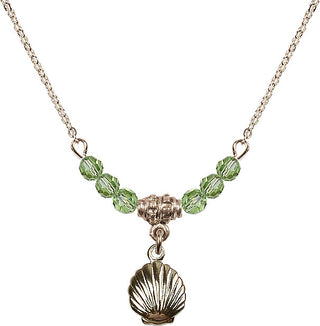 18" Hamilton Gold Plated Necklace with 4mm Peridot Crystal Beads featuring a 14kt Gold Filled Shell Medal.