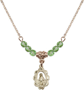 18" Hamilton Gold Plated Necklace with 4mm Peridot Crystal Beads featuring a 14kt Gold Filled Miraculous Medal.