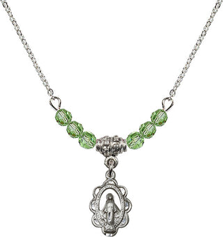 18" Rhodium Plated Necklace with 4mm Peridot Crystal Beads featuring a Sterling Silver Miraculous Medal.