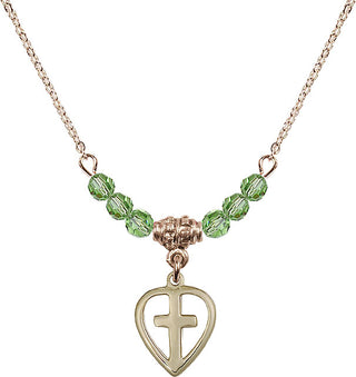 18" Hamilton Gold Plated Necklace with 4mm Peridot Crystal Beads featuring a 14kt Gold Filled Heart / Cross Medal.