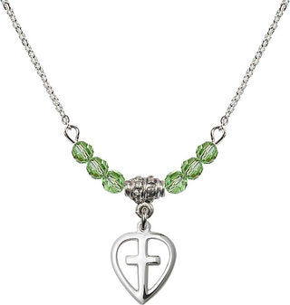 18" Rhodium Plated Necklace with 4mm Peridot Crystal Beads featuring a Sterling Silver Heart / Cross Medal.