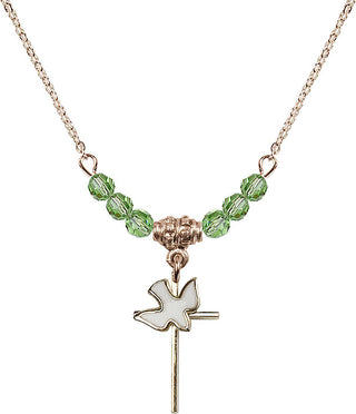 18" Hamilton Gold Plated Necklace with 4mm Peridot Crystal Beads featuring a 14kt Gold Filled Cross / Holy Spirit Medal.