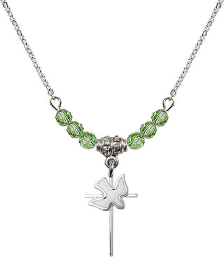 18" Rhodium Plated Necklace with 4mm Peridot Crystal Beads featuring a Sterling Silver Cross / Holy Spirit Medal.