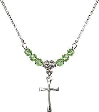 18" Rhodium Plated Necklace with 4mm Peridot Crystal Beads featuring a Sterling Silver Maltese Cross Medal.