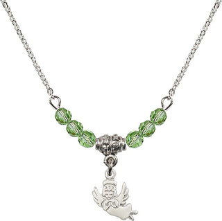 18" Rhodium Plated Necklace with 4mm Peridot Crystal Beads featuring a Sterling Silver Guardian Angel Medal.